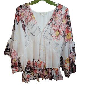 Floral Sheer Ruffle Hem Blouse 1X By Weekend Suzanne Betro White/Pink/Yellow V-N
